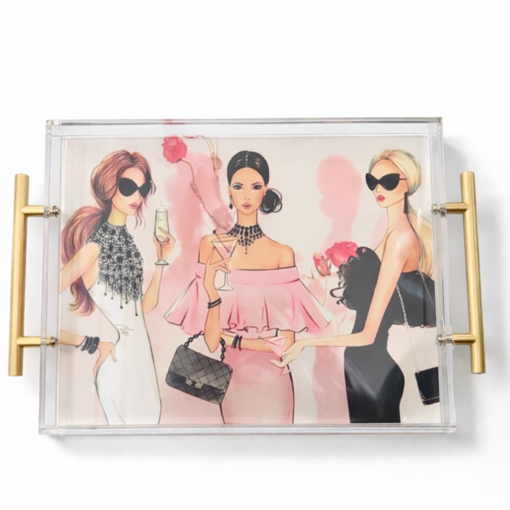 Elegant Gold and Pink Fashion Tray with Party Girls Image Insert
